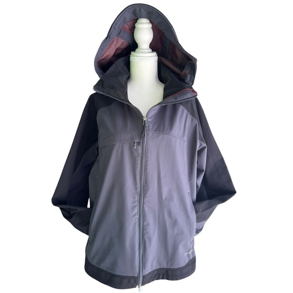 L.L.Bean Womens XL Soft Shell Hooded Jacket Gray Black Waterproof Hiking Coat